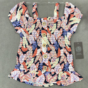 Vince Camuto Floral Smocked Peplum Blouse Top Button Front Women's Size 10